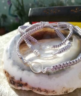 Pulsera Macramé Hilo Gris Y Cuarzo, Plata 925g